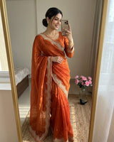 Orange Satin Saree with Gold Embroidery & Pearl Work Border | RD KAVITA