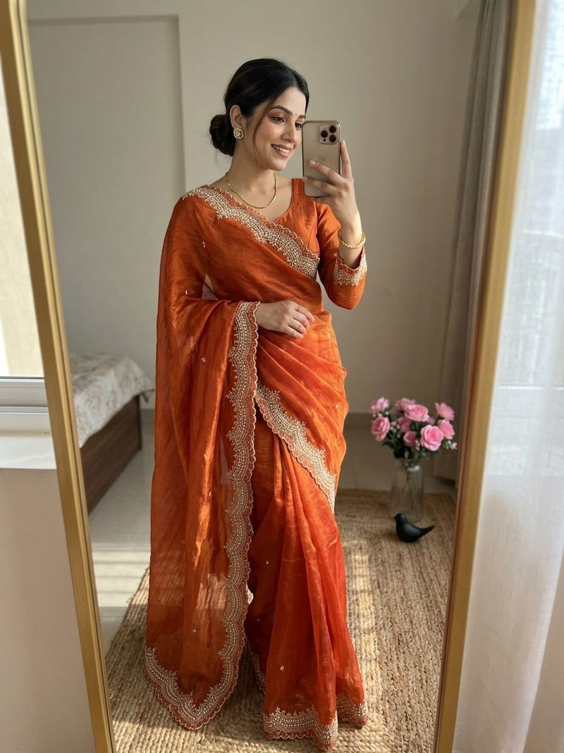 Orange Satin Saree with Gold Embroidery & Pearl Work Border | RD KAVITA