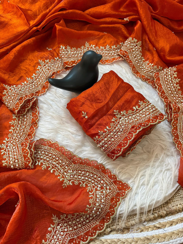 Orange Satin Saree with Gold Embroidery & Pearl Work Border | RD KAVITA