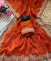 Orange Satin Saree with Gold Embroidery & Pearl Work Border | RD KAVITA