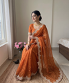 Orange Satin Saree with Gold Embroidery & Pearl Work Border | RD KAVITA