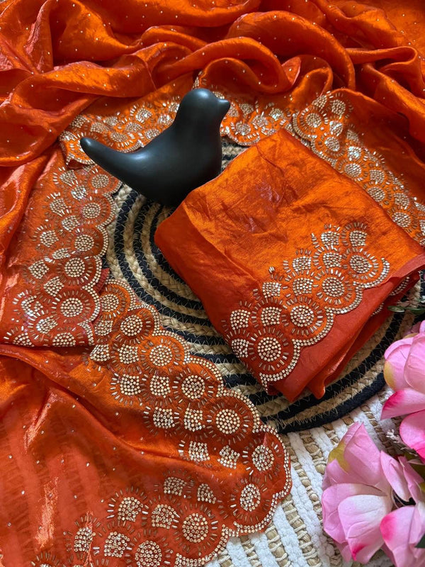 Orange Space Silk Jarkan Work Saree for Wedding & Party | RD TAMANAH