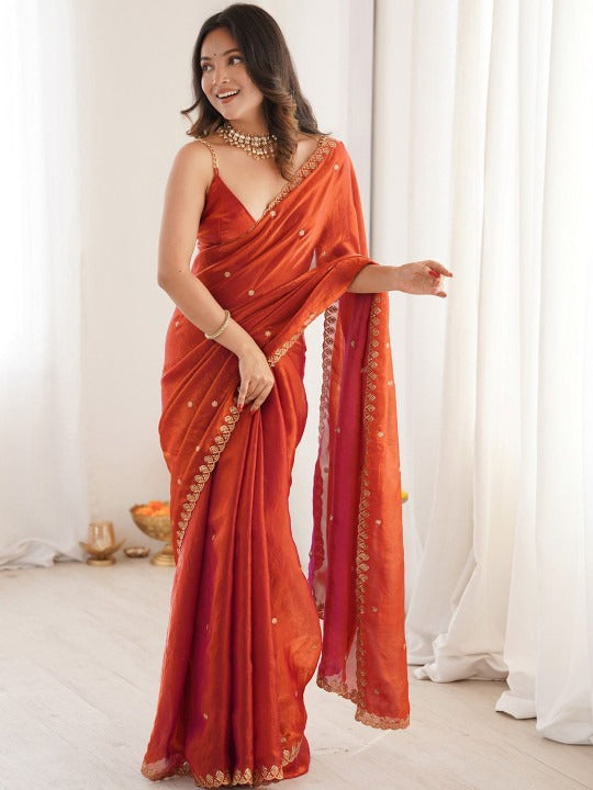 Orange Space Silk Sequin Embroidery Saree for Party Wear | RD KAVYA