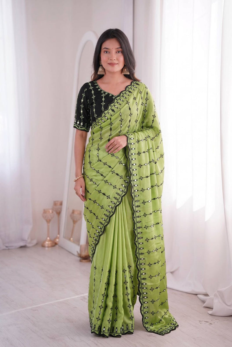 Parot Mirror Work Saree with Floral Embroidery Border | RD HEMANI