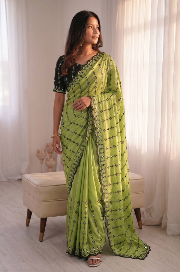 Parot Mirror Work Saree with Floral Embroidery Border | RD HEMANI