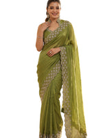 Parrot Green Satin Saree with Zari Weaving & Siroski Border | RD TANISHKA