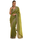Parrot Green Satin Saree with Zari Weaving & Siroski Border | RD TANISHKA
