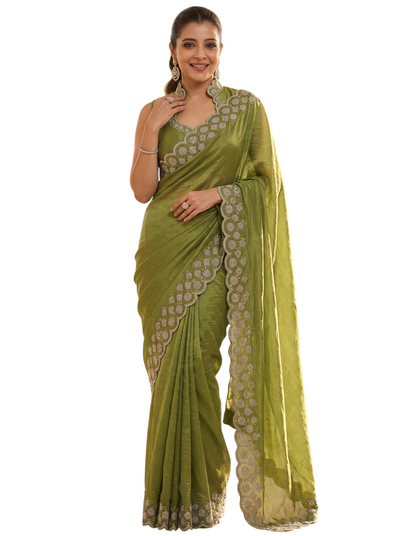 Parrot Green Satin Saree with Zari Weaving & Siroski Border | RD TANISHKA