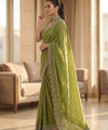 Parrot Green Satin Saree with Zari Weaving & Siroski Border | RD TANISHKA