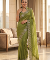 Parrot Green Satin Saree with Zari Weaving & Siroski Border | RD TANISHKA