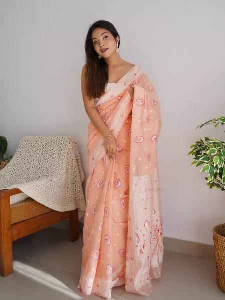 Peach Cotton Saree | Ethnic Wear for Women detail view