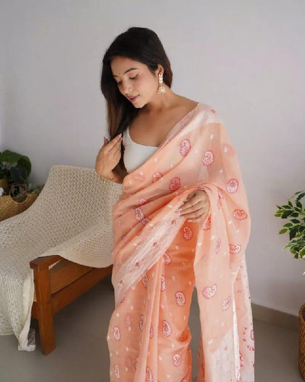 Peach Cotton Saree | Ethnic Wear for Women