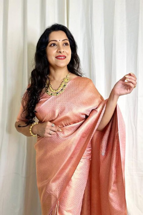 Peach Jacquard Silk Saree | Rich Zari Border Saree