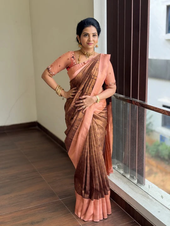Peach Jacquard Silk Saree | Wedding & Festive Wear