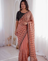 Peach Mirror Work Saree with Floral Embroidery Border | RD HEMANI