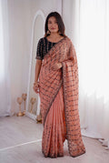 Peach Mirror Work Saree with Floral Embroidery Border | RD HEMANI