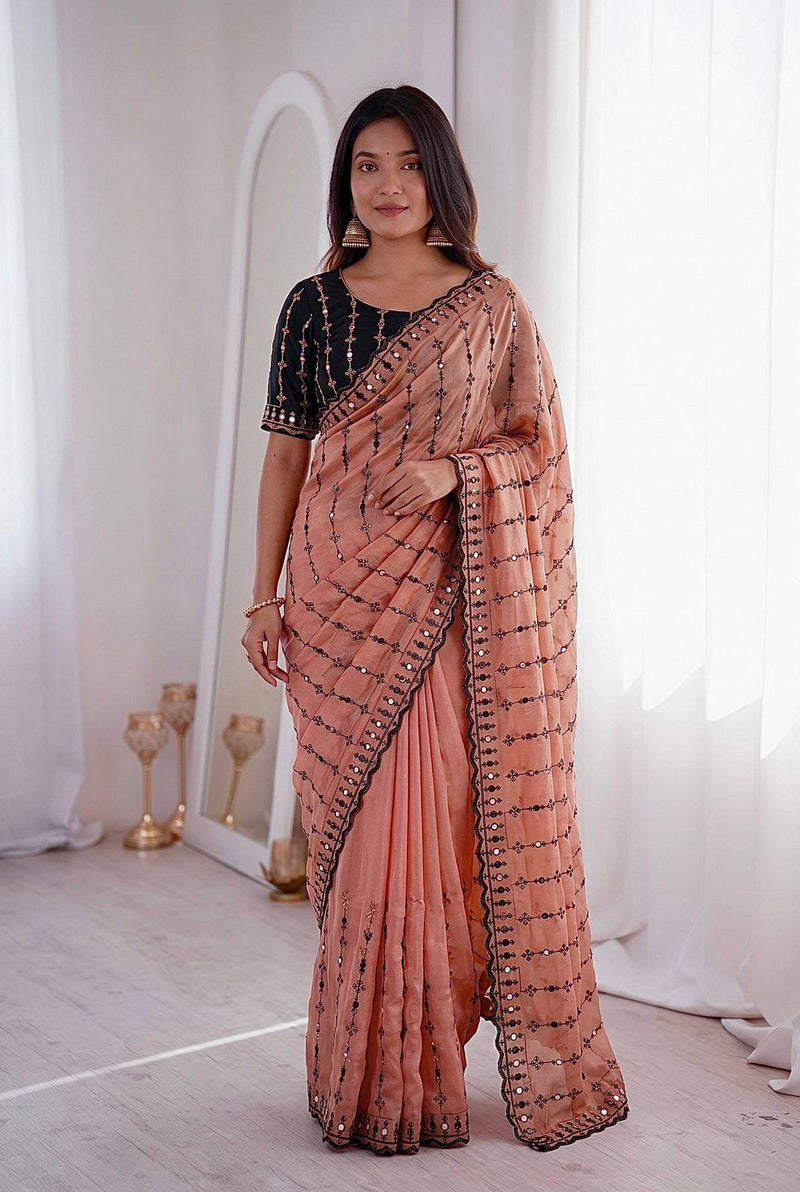 Peach Mirror Work Saree with Floral Embroidery Border | RD HEMANI
