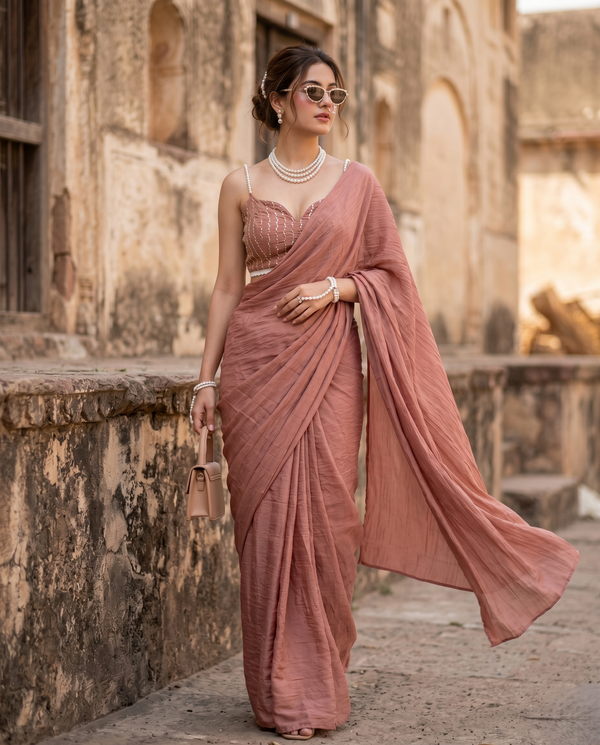 Peach Rangoli Crush Saree with Sequin Bits Blouse | RD VIAANA