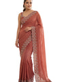 Peach Satin Saree with Zari Weaving & Siroski Border | RD TANISHKA