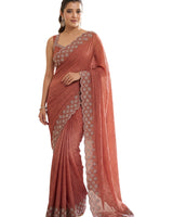 Peach Satin Saree with Zari Weaving & Siroski Border | RD TANISHKA