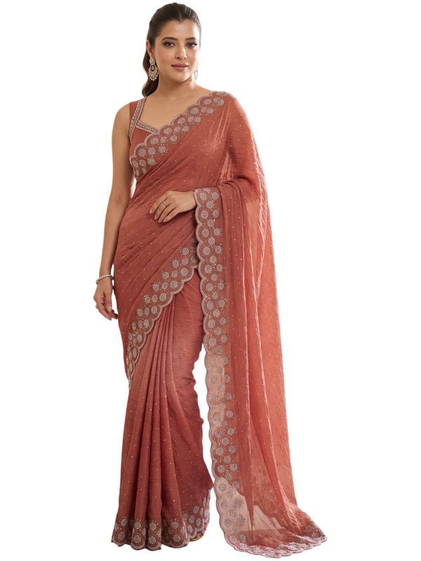 Peach Satin Saree with Zari Weaving & Siroski Border | RD TANISHKA detail view