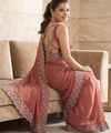 Peach Satin Saree with Zari Weaving & Siroski Border | RD TANISHKA