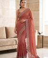 Peach Satin Saree with Zari Weaving & Siroski Border | RD TANISHKA