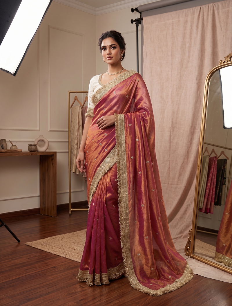 Peach Space Satin Sequence Work Saree for Party & Wedding | RD APEXA