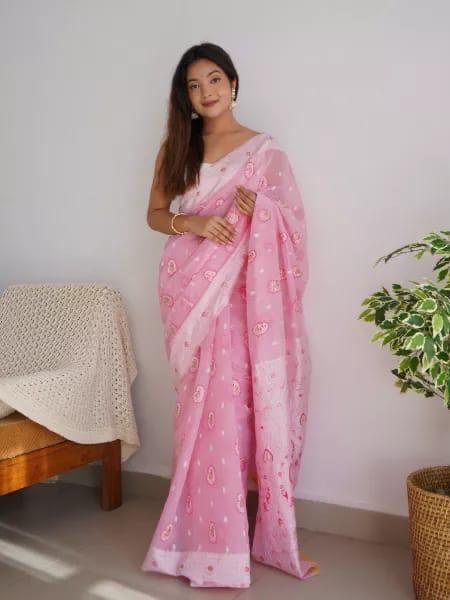 Pink Cotton Saree | Ethnic Wear for Women detail view