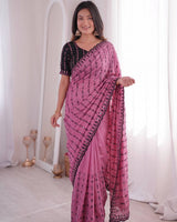 Pink Mirror Work Saree with Floral Embroidery Border | RD HEMANI