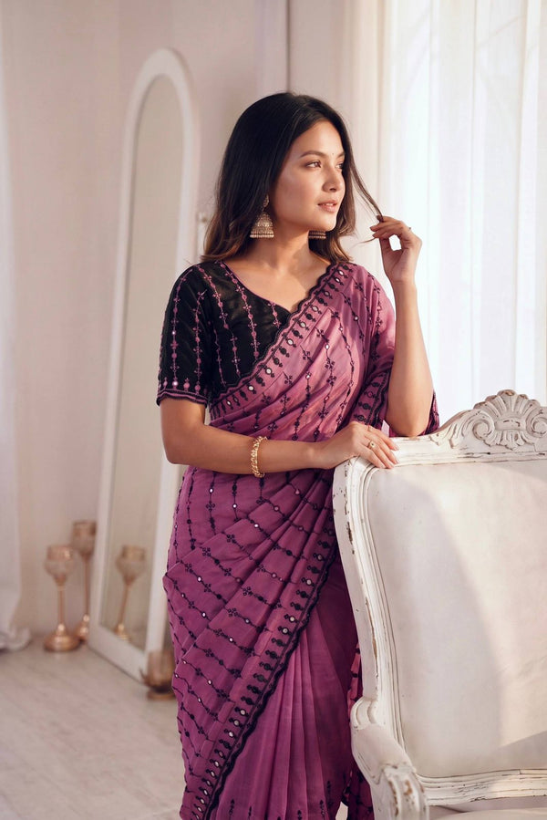 Pink Mirror Work Saree with Floral Embroidery Border | RD HEMANI