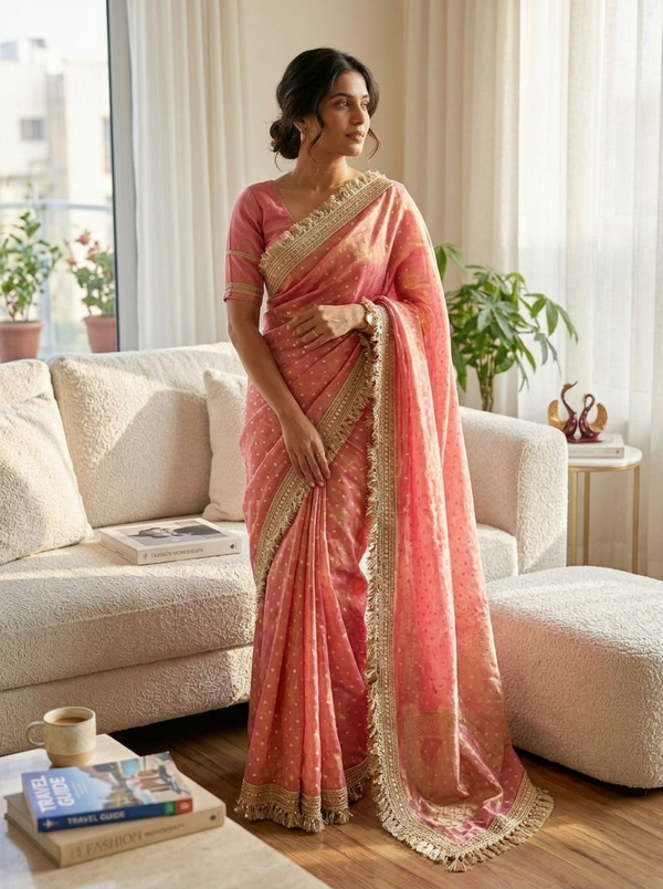 Pink Moss Satin Saree with Maharani Big Border | RD PRIYA detail view