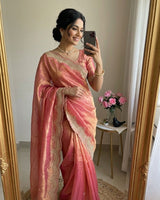 Pink Satin Saree with Gold Embroidery & Pearl Work Border | RD KAVITA