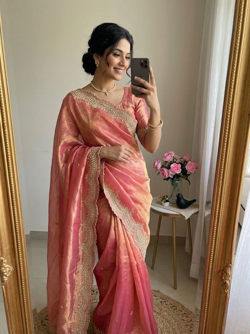 Pink Satin Saree with Gold Embroidery & Pearl Work Border | RD KAVITA