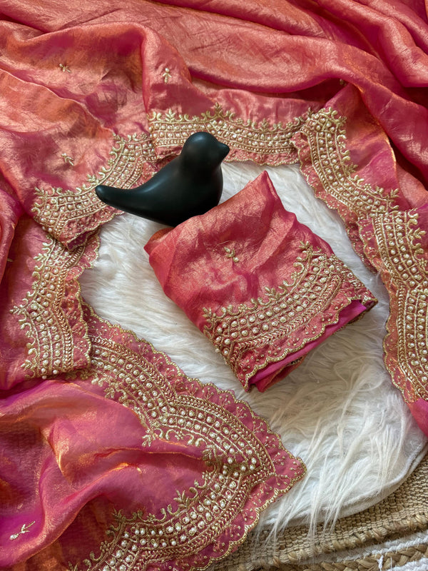 Pink Satin Saree with Gold Embroidery & Pearl Work Border | RD KAVITA