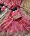 Pink Satin Saree with Gold Embroidery & Pearl Work Border | RD KAVITA