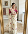 Pink & White Rangoli Silk Saree with Floral Embroidery & Mirror Work | RD TARA