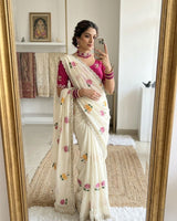 Pink & White Rangoli Silk Saree with Floral Embroidery & Mirror Work | RD TARA