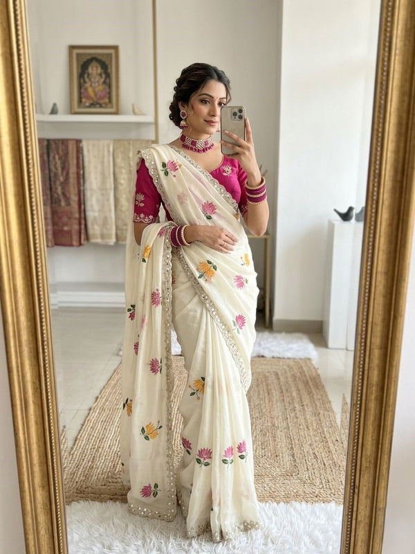 Pink & White Rangoli Silk Saree with Floral Embroidery & Mirror Work | RD TARA detail view