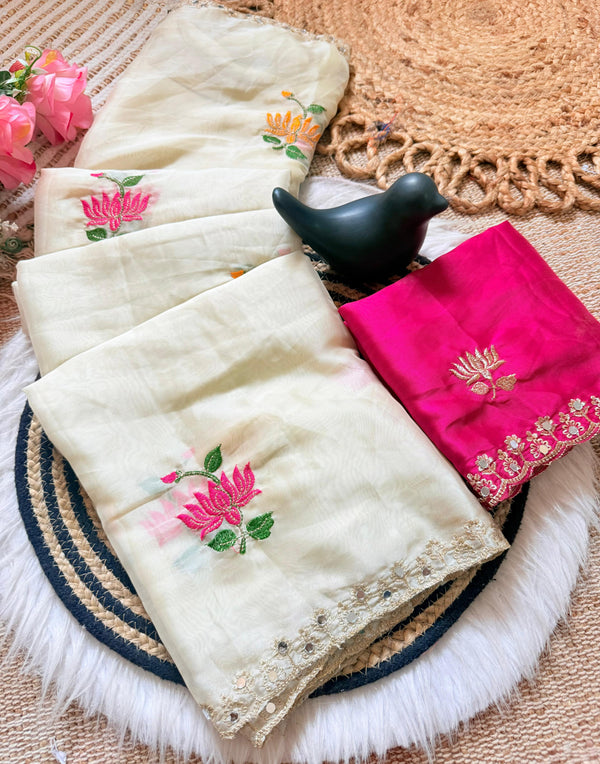Pink & White Rangoli Silk Saree with Floral Embroidery & Mirror Work | RD TARA