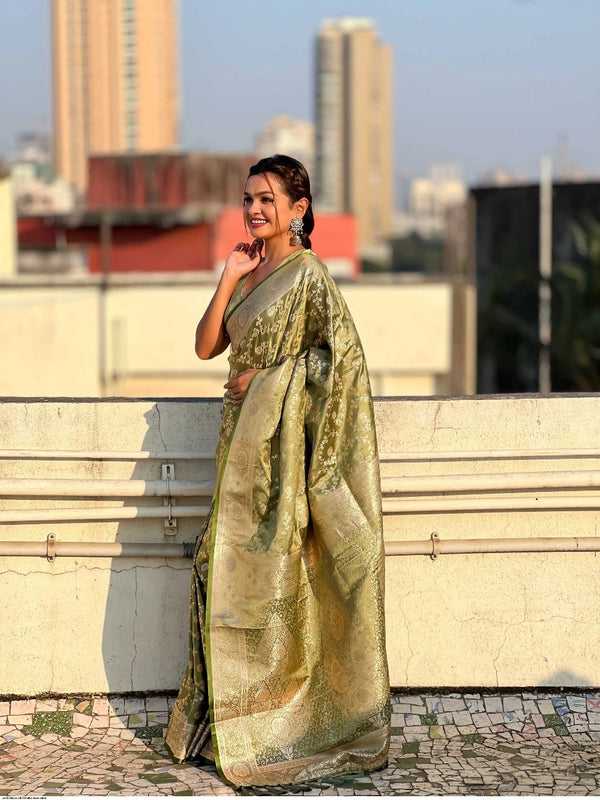 Pista Jacquard Silk Saree | Wedding & Reception Wear