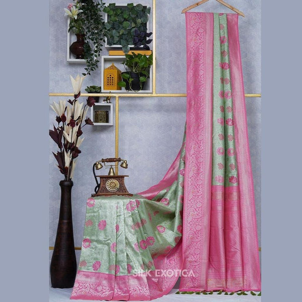 Pista Kanjivaram Silk Saree | Festival & Ceremony Wear detail view