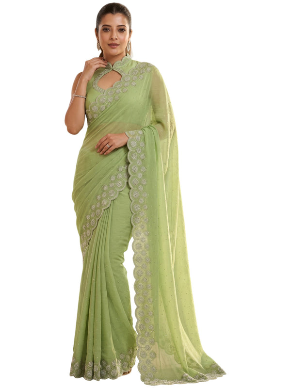 Pista Satin Saree with Zari Weaving & Siroski Border | RD TANISHKA detail view