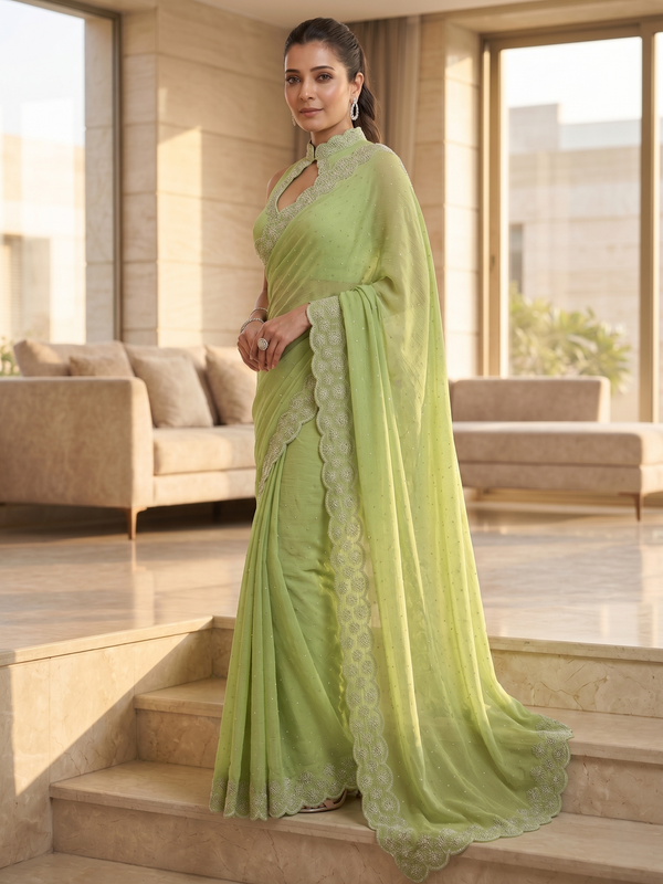 Pista Satin Saree with Zari Weaving & Siroski Border | RD TANISHKA