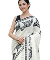 Premium Elephant Print Linen Cotton Saree - White | Daily Wear & Festive Wear