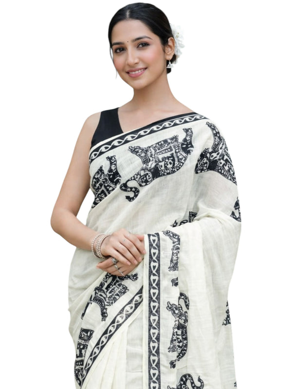Premium Elephant Print Linen Cotton Saree - White | Daily Wear & Festive Wear