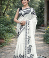 Premium Elephant Print Linen Cotton Saree - White | Daily Wear & Festive Wear