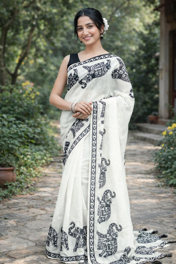 Premium Elephant Print Linen Cotton Saree - White | Daily Wear & Festive Wear