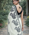 Premium Elephant Print Linen Cotton Saree - White | Daily Wear & Festive Wear