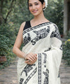 Premium Elephant Print Linen Cotton Saree - White | Daily Wear & Festive Wear